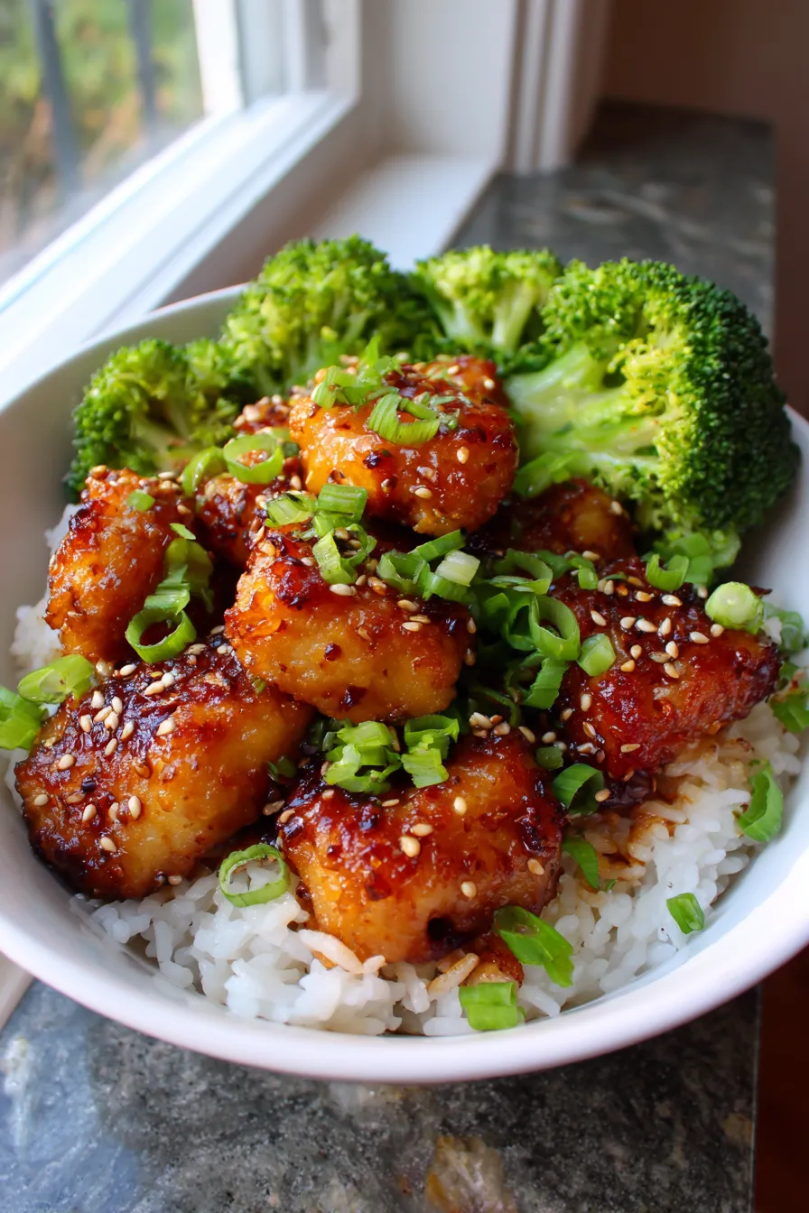 Healthy Sesame Chicken-serving-garnished-sideview