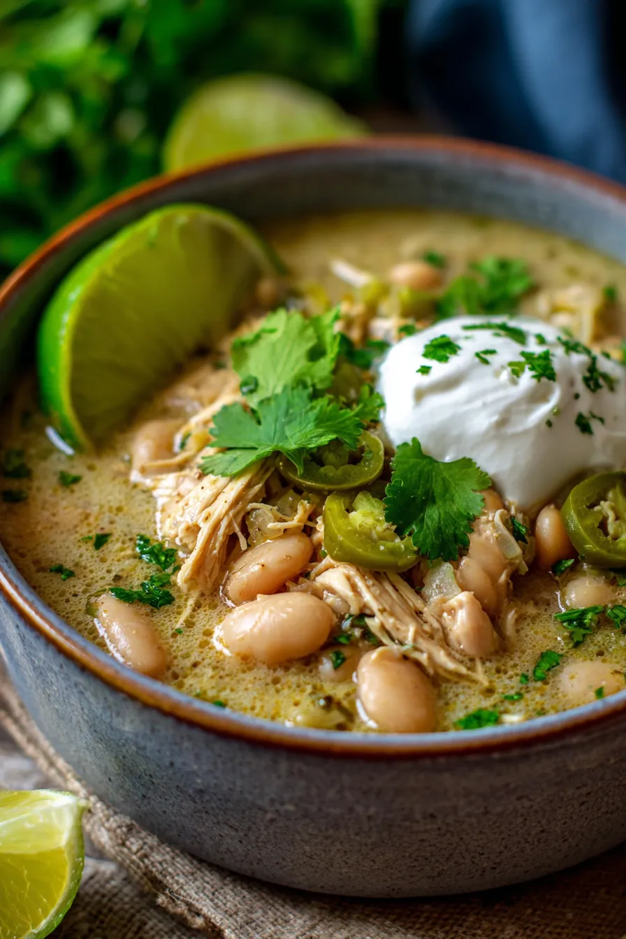 High-Protein White Chicken Chili (Meal Prep Soup)-garnished-sideview