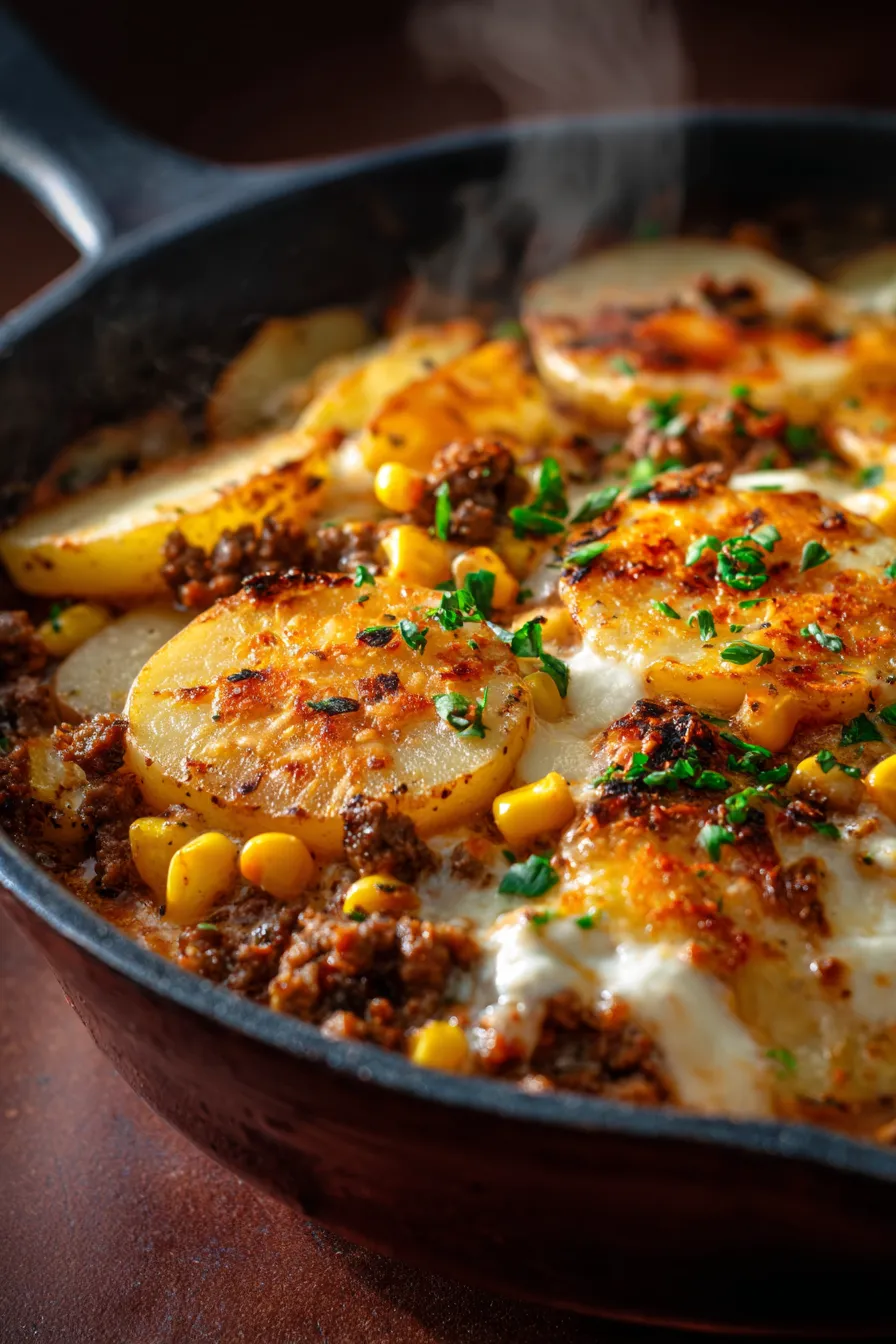 Hobo Casserole with Ground Beef-cheesy-closeup