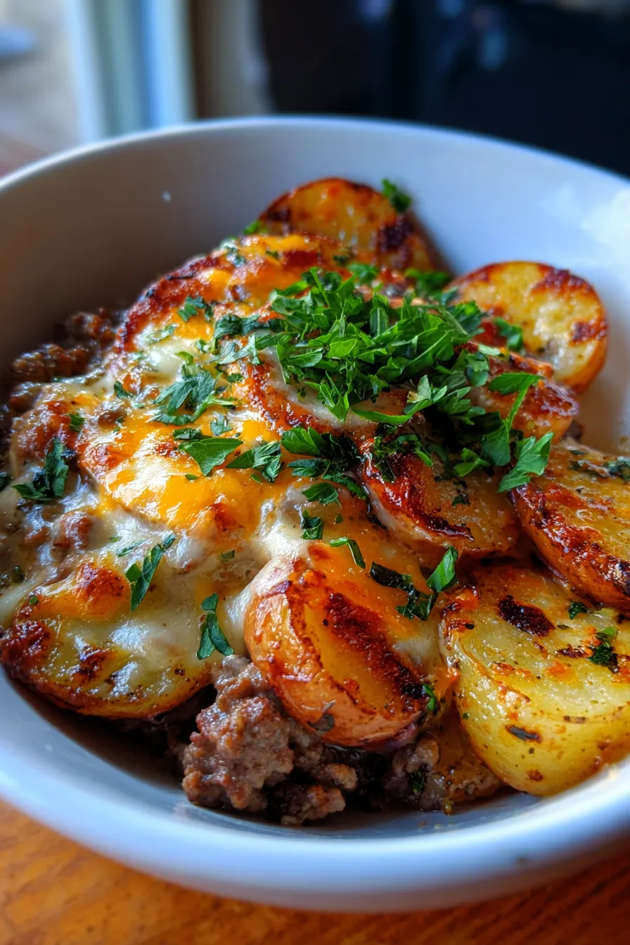 Hobo Casserole with Ground Beef-serving-plate-close-up