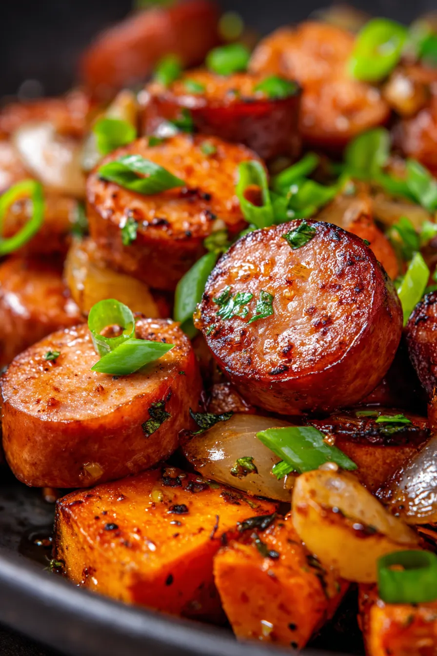 Honey Garlic Sausage Sweet Potatoes-close up-texture