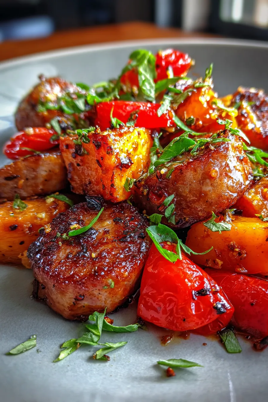 Honey Garlic Sausage with Sweet Potatoes (One-Pan Meal)-serving-plate