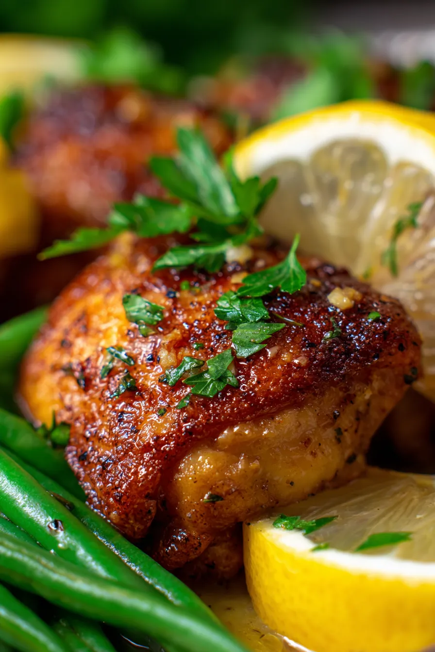 Lemon Garlic Butter Chicken Thighs with Green Beans Skillet-serving-plate