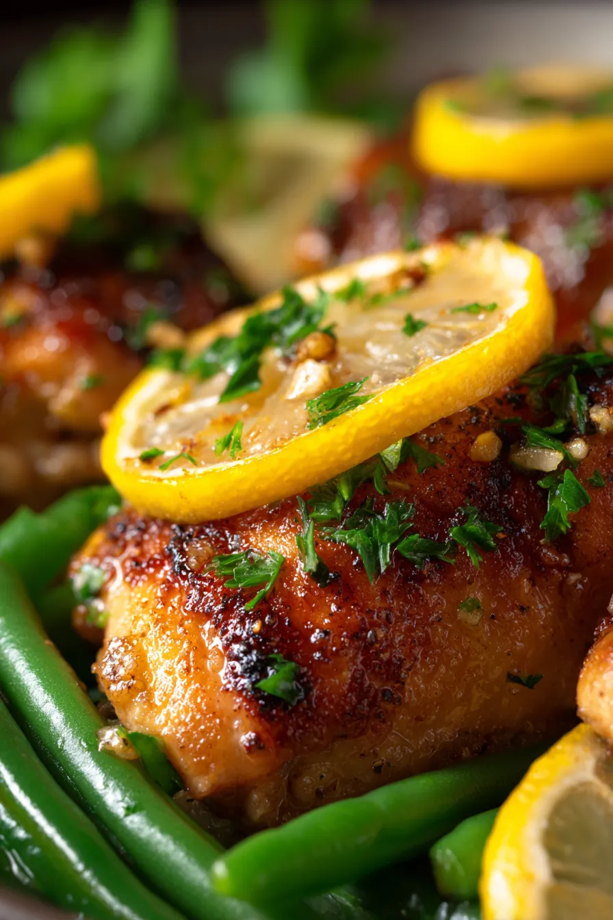Lemon Garlic Butter Chicken Thighs with Green Beans Skillet-texture-closeup