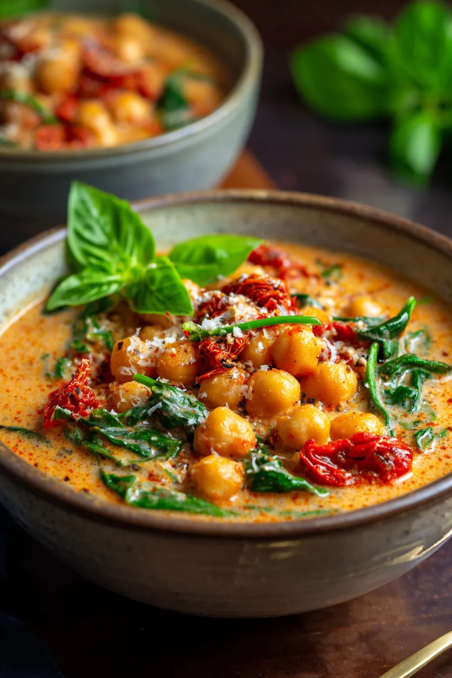 Marry Me Chickpeas closeup texture with sun-dried tomatoes