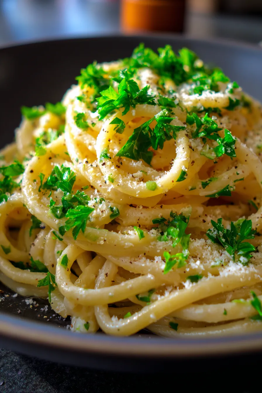 One-Pot Creamy Garlic Pasta-serving-spoon-in-bowl