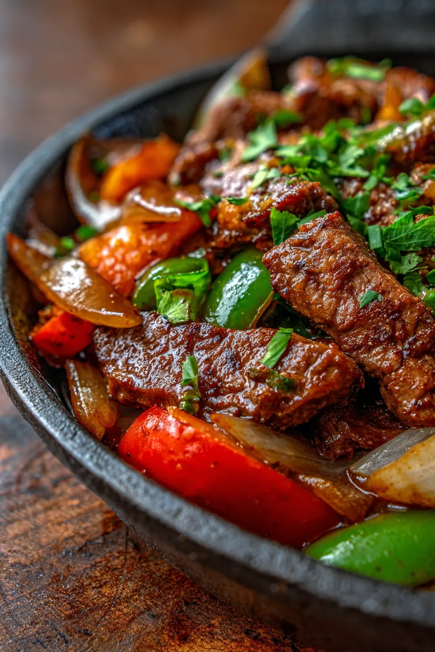 Pepper Steak with Bell Peppers and Onion Skillet-plated-dinner
