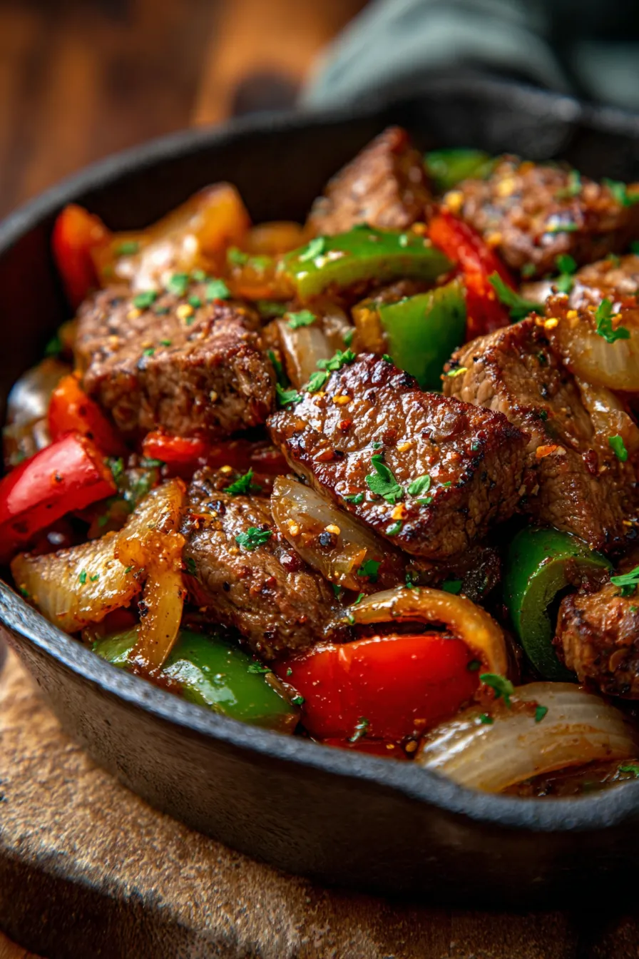 Pepper Steak with Bell Peppers and Onion Skillet-texture-closeup