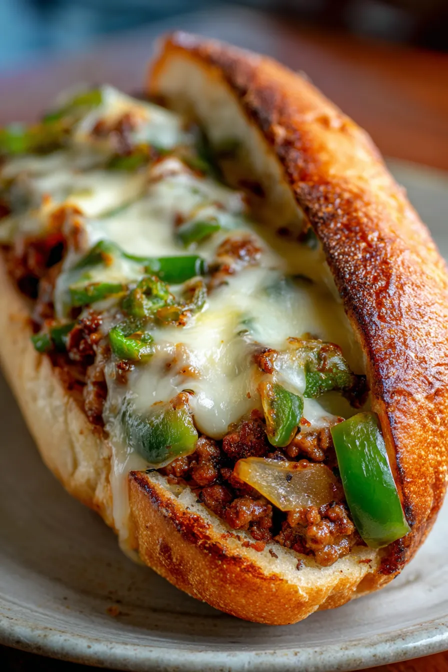 Philly Cheesesteak Sloppy Joes-sandwich-closeup-gooey-cheese