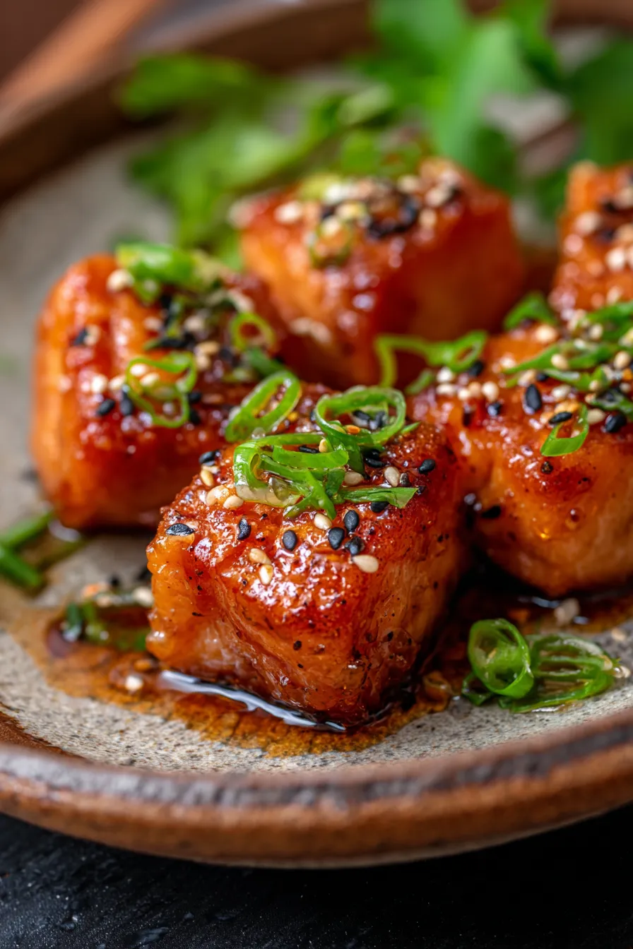 Salmon bites cooking in pan overhead shot