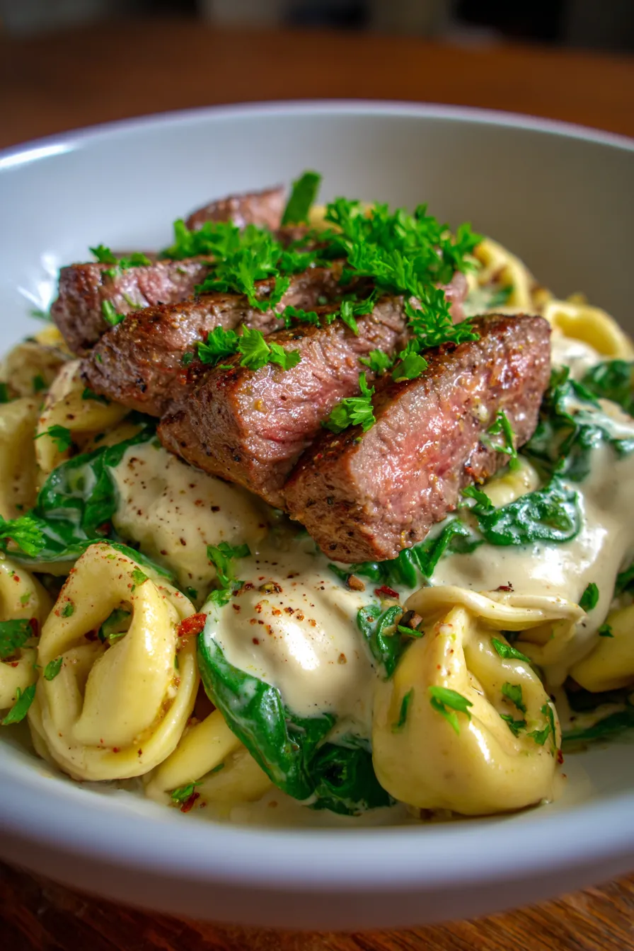 Skillet Tortellini creamy sauce close up