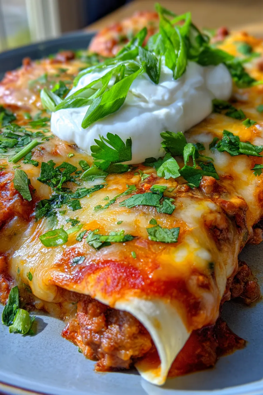 Slow Cooker Cheesy Ground Beef Enchiladas - plated - closeup