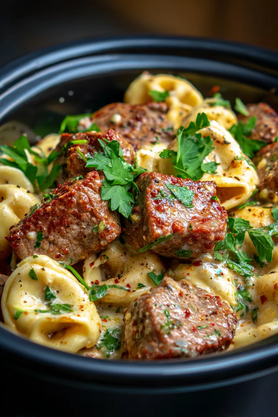 Slow Cooker Garlic Steak Tortellini-serving-bowl