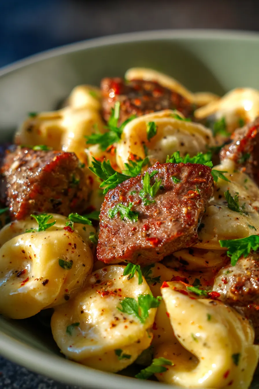 Slow Cooker Garlic Steak Tortellini-steak-closeup