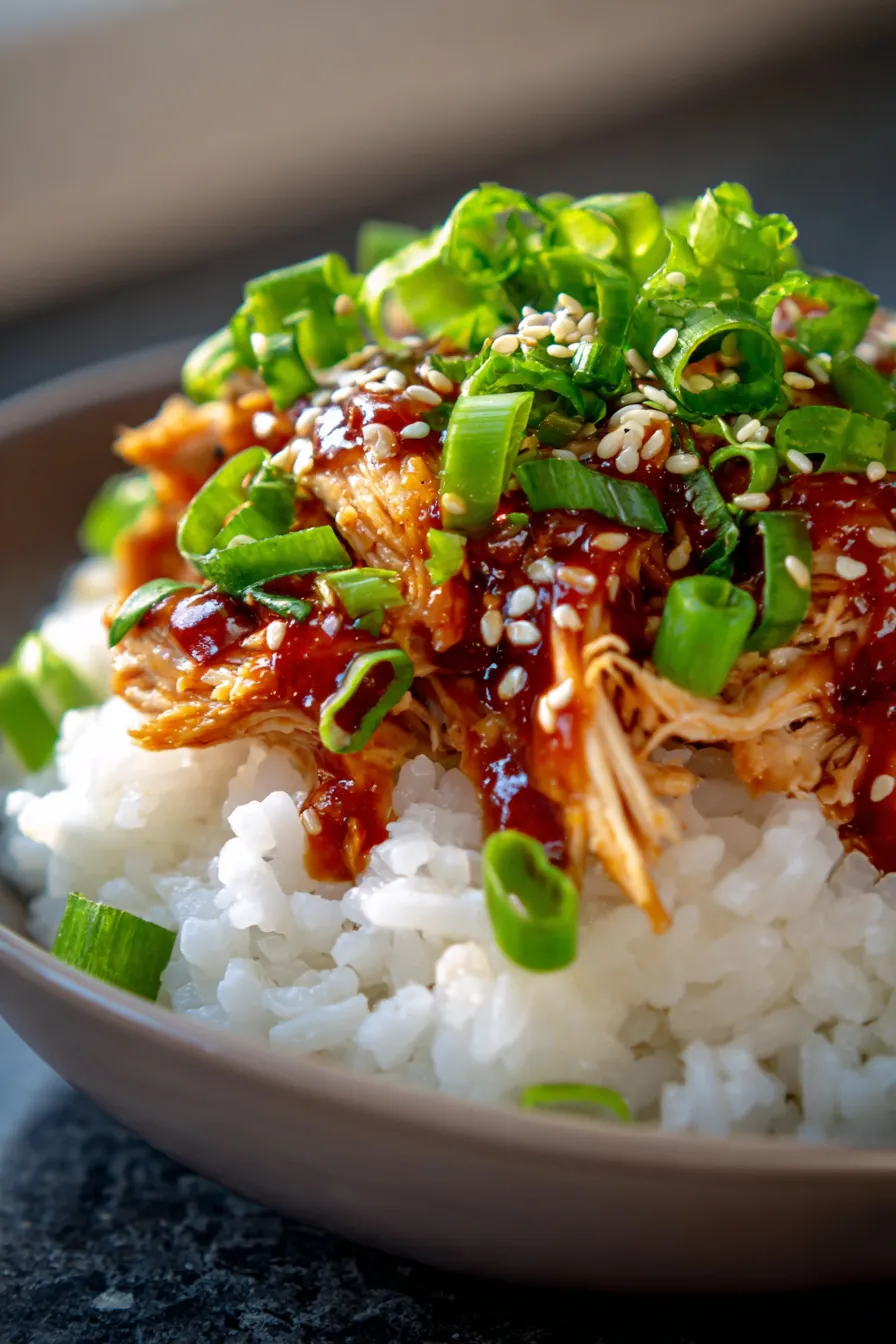 Slow Cooker Honey BBQ Chicken and Rice-shredded chicken-closeup