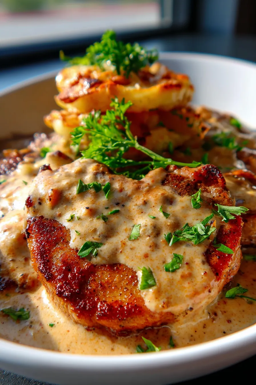 Smothered Pork Chops and Scalloped Potato Casserole-fresh-herbs