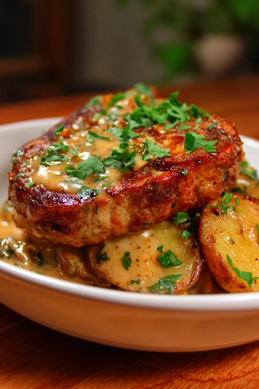 Smothered Pork Chops and Scalloped Potato Casserole-serving-plate