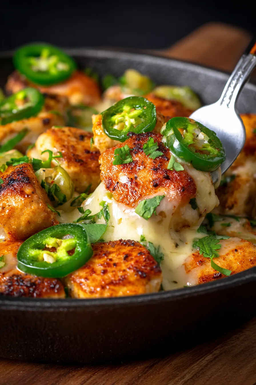 Spicy Jalapeño Chicken Skillet close-up texture with browned chicken
