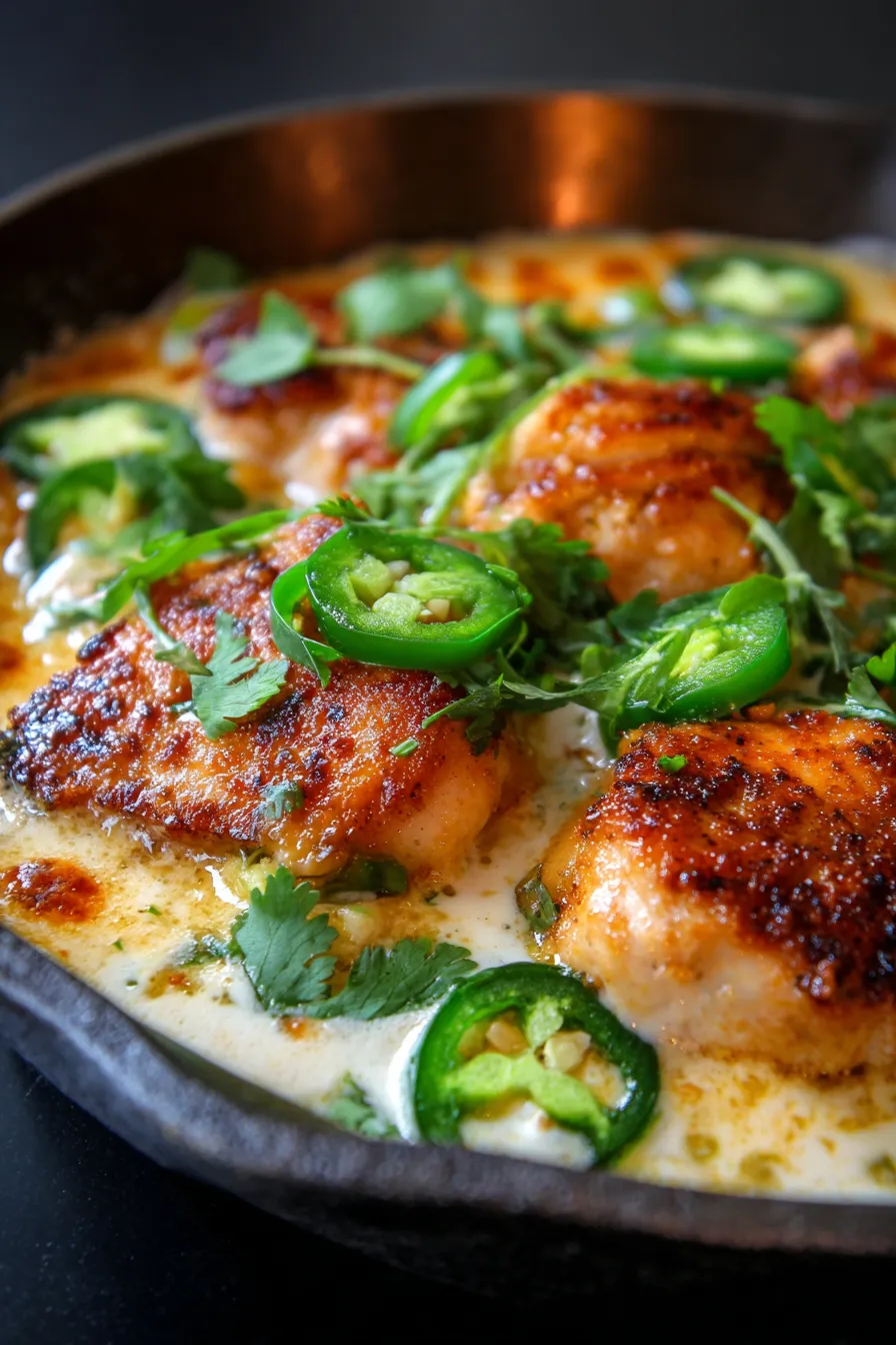 Spicy Jalapeño Chicken Skillet served with rice and cilantro garnish