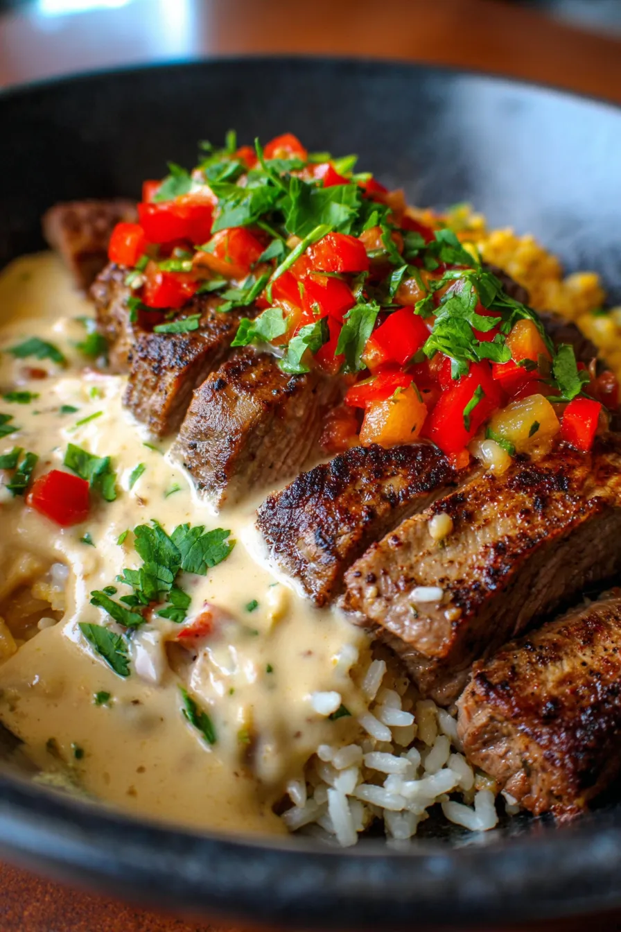 Steak Queso Rice-close up-creamy