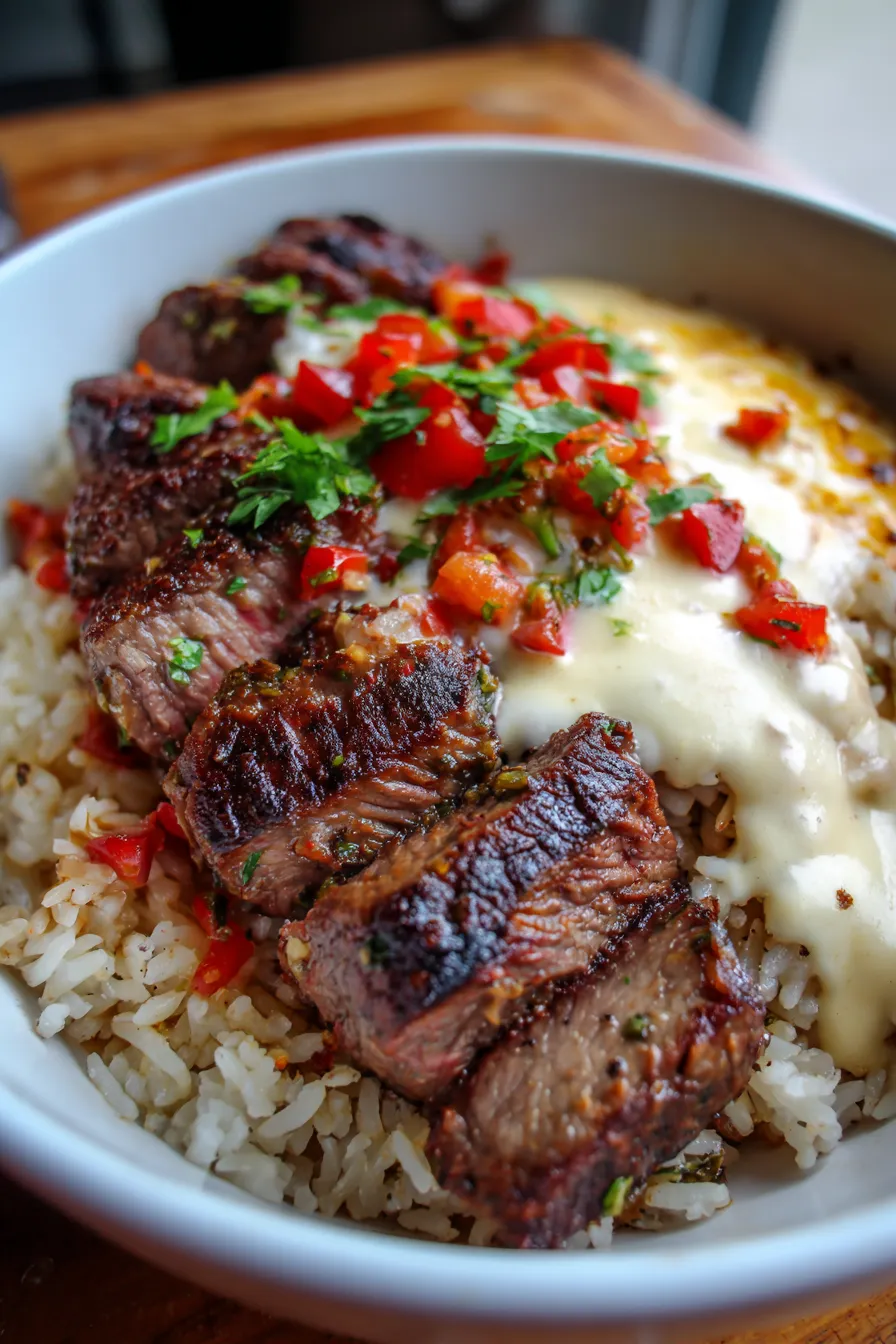 Steak Queso Rice-serving-dish