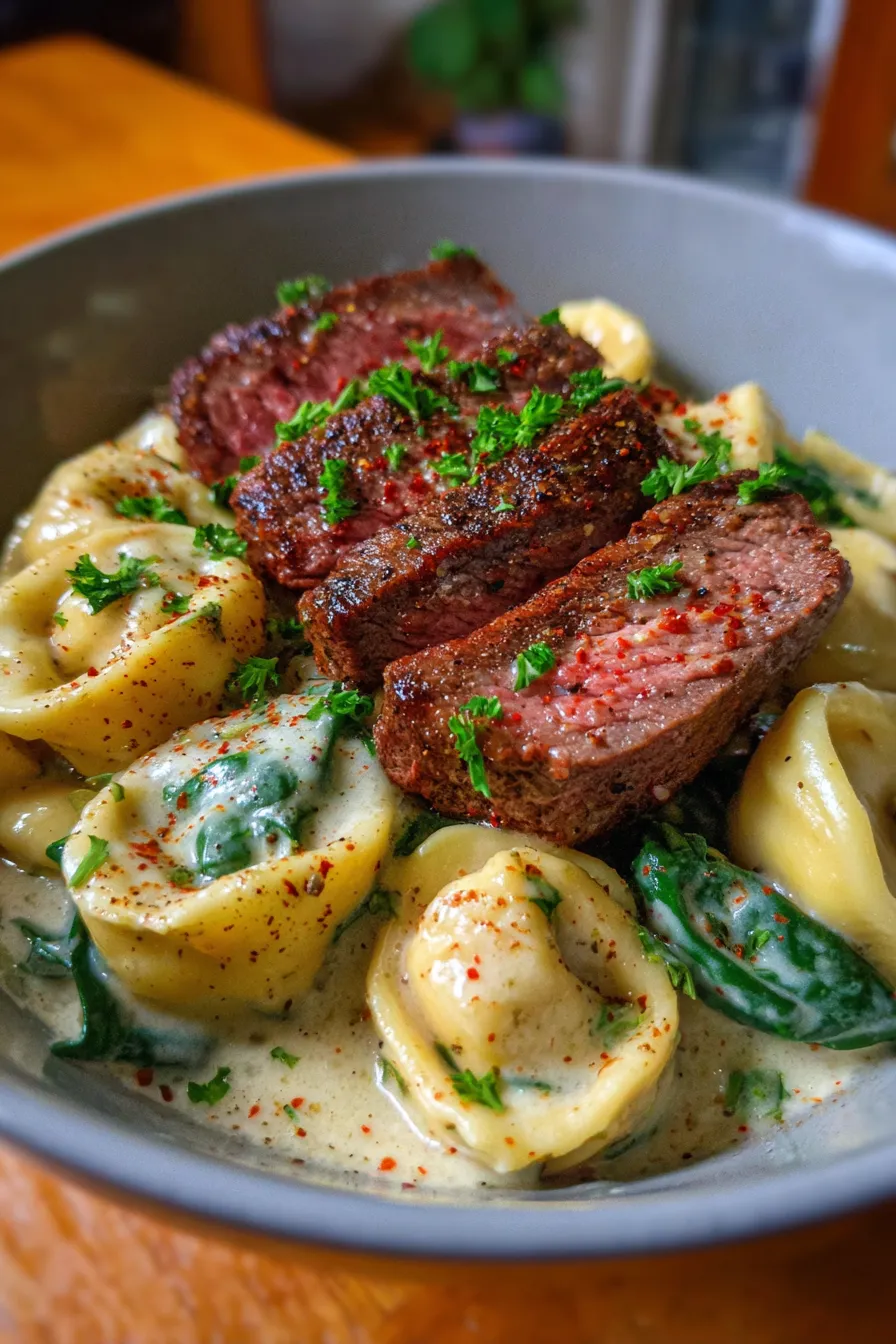 Steak Tortellini dinner table shot