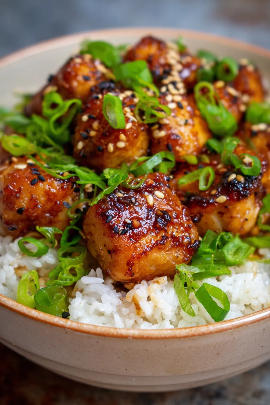 Sticky Chicken Rice Bowls-plated-garnish