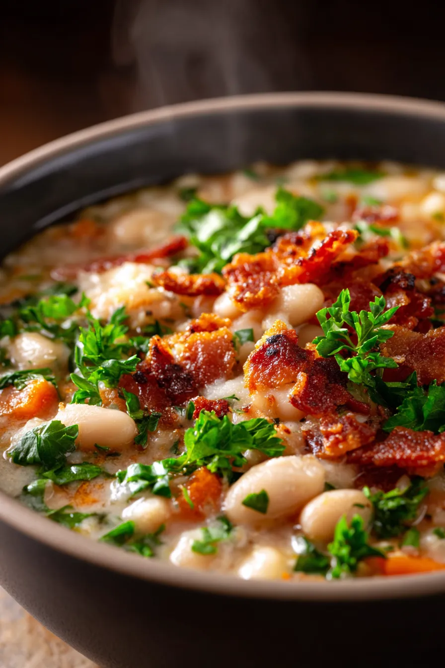 White Bean Soup with Bacon (Hearty Weeknight Dinner)-closeup-texture