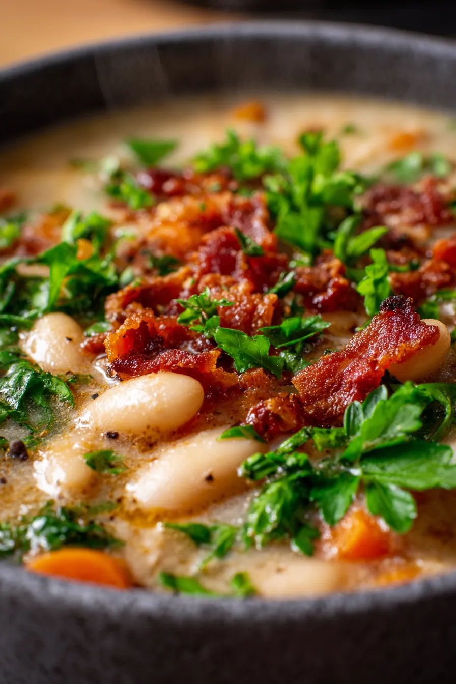 White Bean Soup with Bacon (Hearty Weeknight Dinner)-garnished-bowl