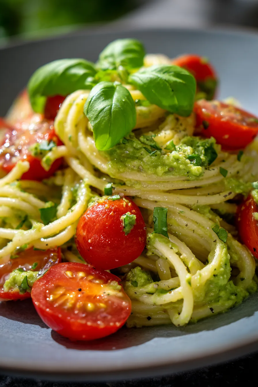 Avocado pasta in a bowl, creamy texture, healthy meal, side view, bright and fresh