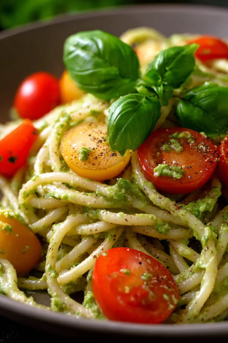 Avocado pasta ingredients, fresh avocados, lemons, garlic, spaghetti, overhead shot