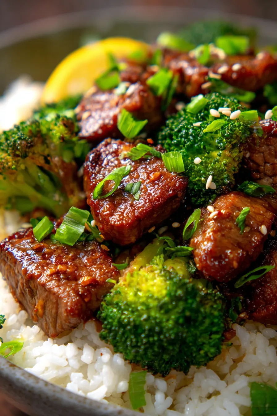Beef and Broccoli One-Pan Meal Prep, served with rice, garnished with sesame seeds, steam rising