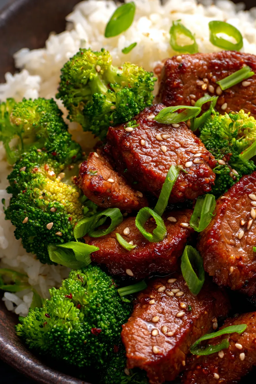 Beef and Broccoli One-Pan Meal Prep, texture closeup, caramelized beef edges, tender broccoli florets