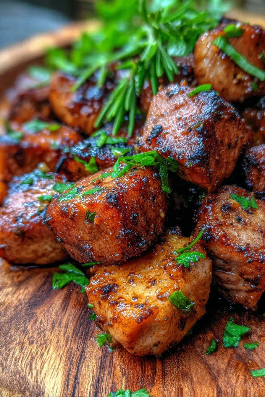Caramelized pork tenderloin bites on plate