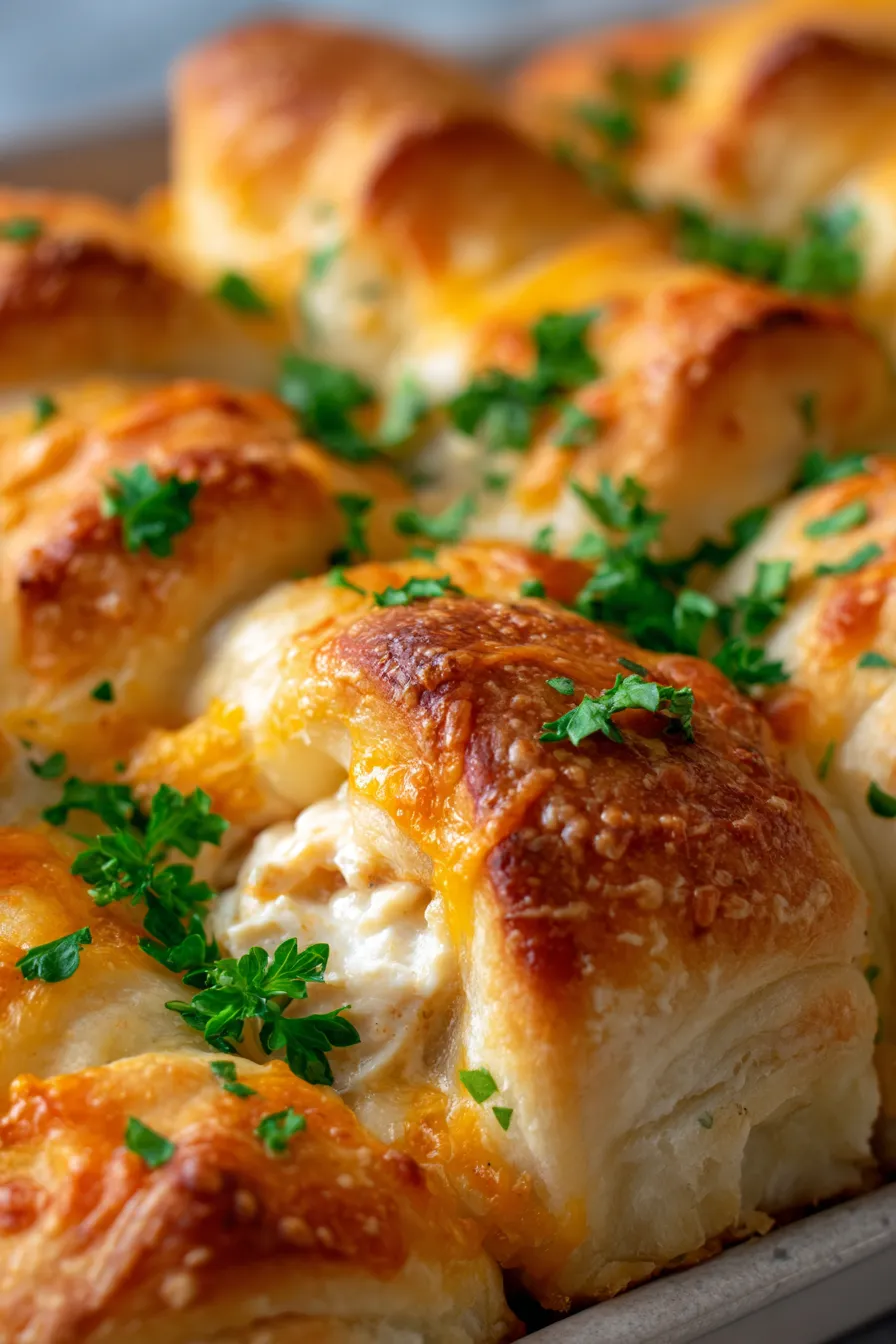 Cheesy Chicken Crescent Bake-cross section-cheese pull