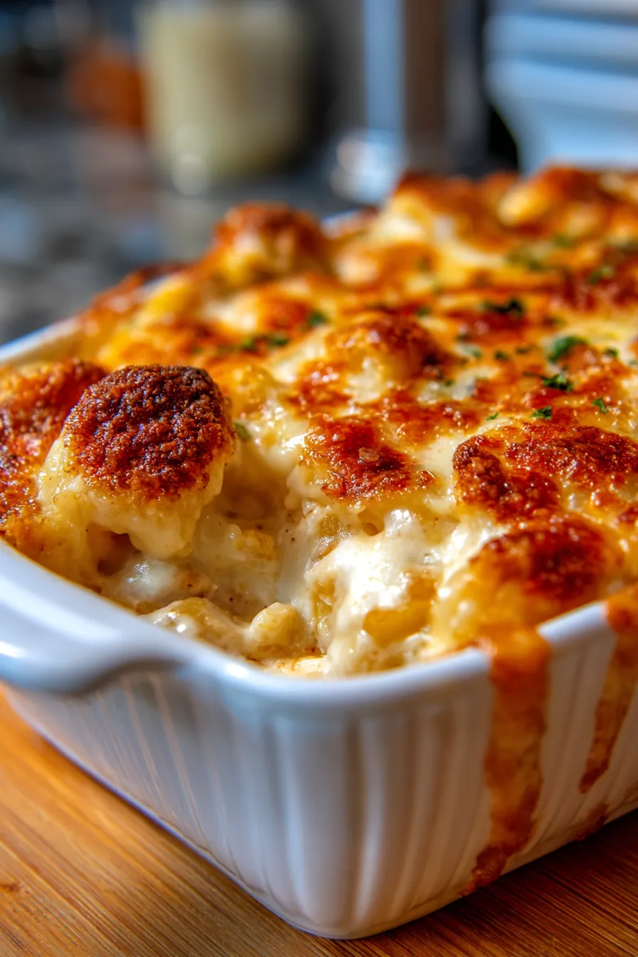 chicken casserole dish, baking, bubbling cheese, close-up
