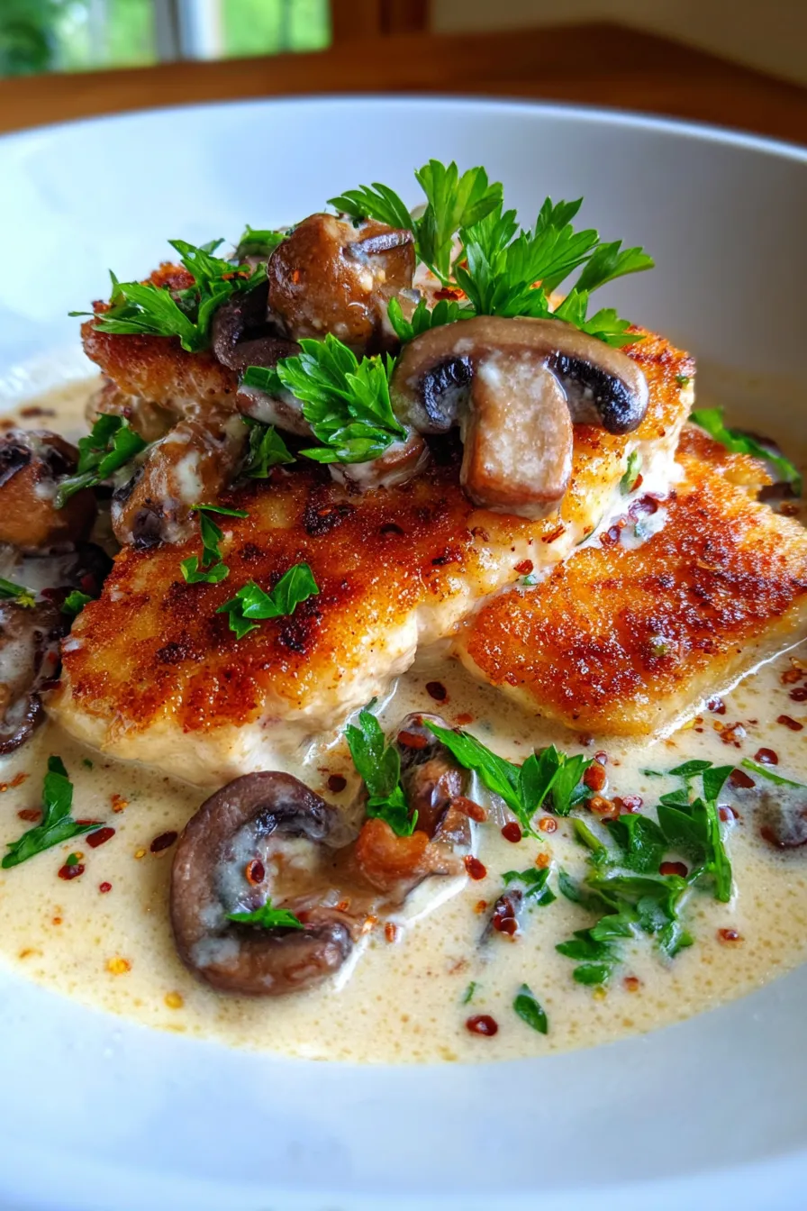 chicken dinner plate closeup asiago sauce