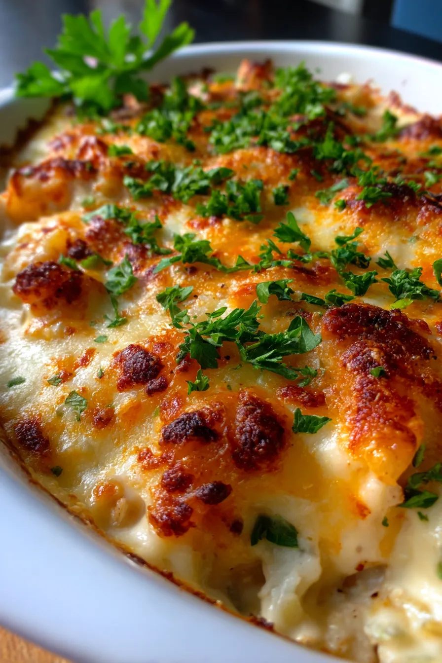 Chicken Hashbrown Casserole - golden brown top, melted cheese