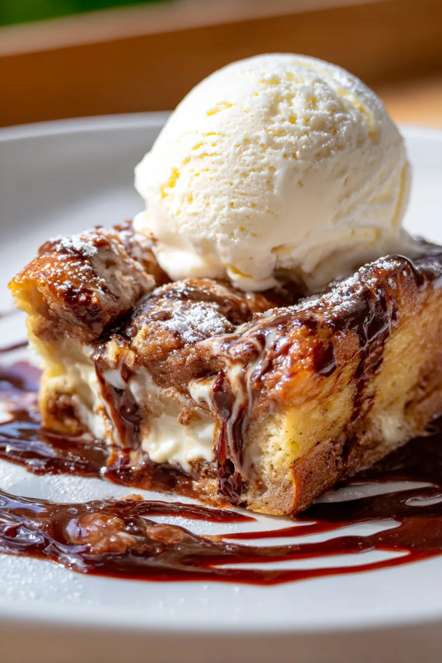 Chocolate cream cheese bread pudding-closeup-gooey