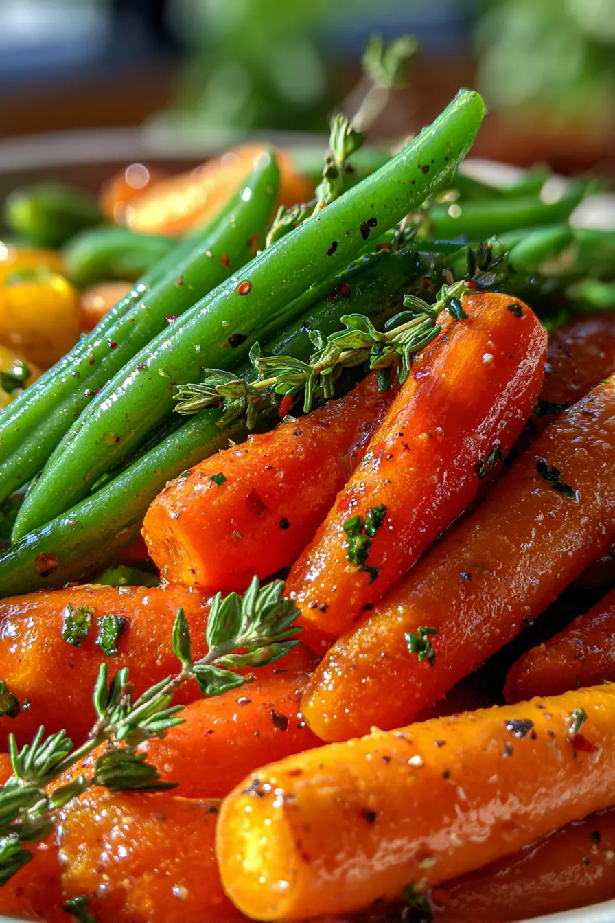 Closeup of caramelized Honey Glazed Carrots & Green Beans