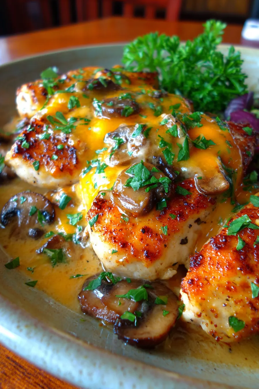Copycat Smothered Chicken-plated-parsley-garnish