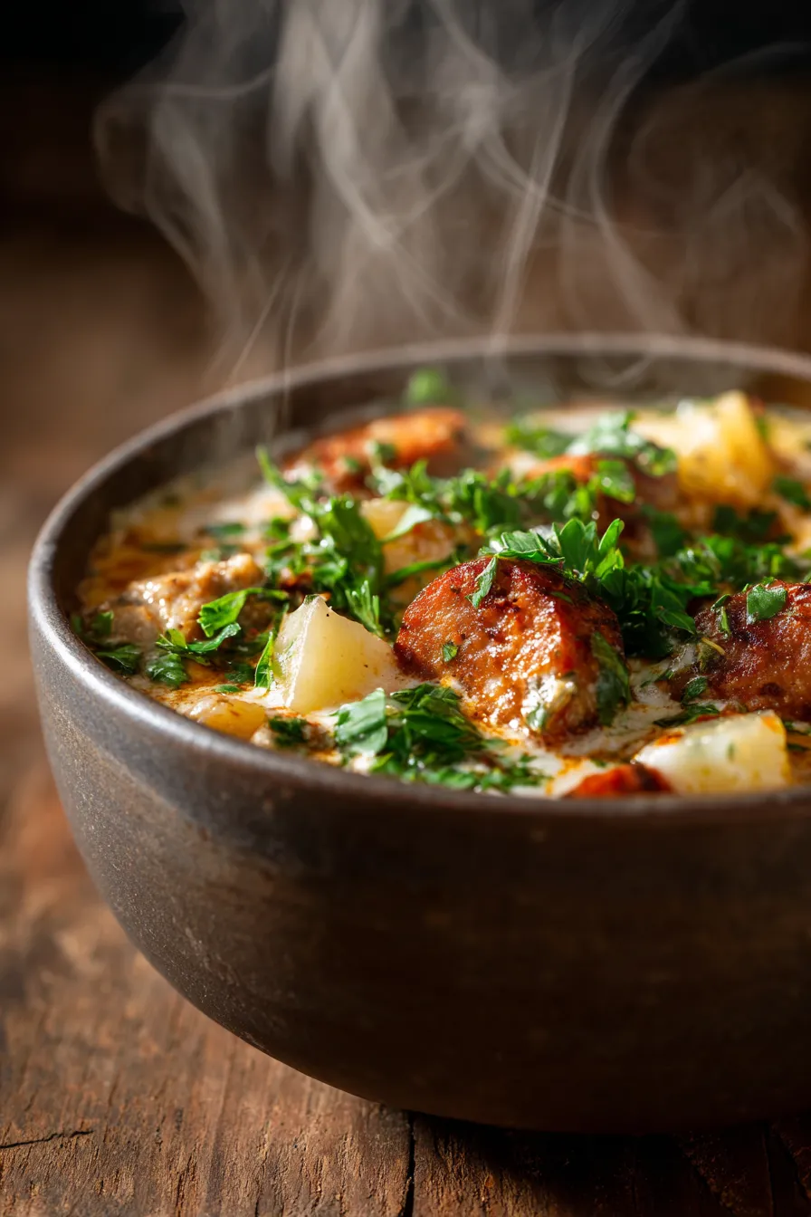 Cozy Crockpot Soup with Potatoes and Creamy Sausage - steaming hot - garnishes