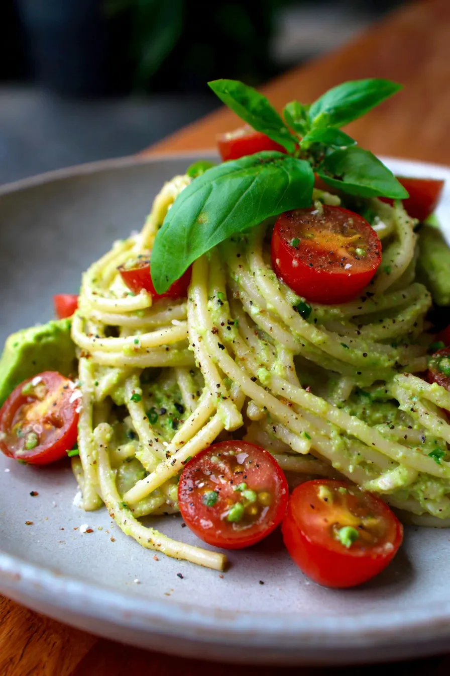 Creamy 15 Minute Avocado Pasta | Eat With Clarity, garnished with cherry tomatoes and basil, cozy lighting
