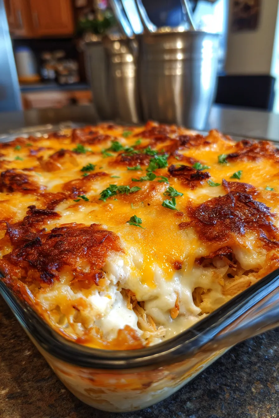 Creamy Chicken Casserole - close up, shredded chicken