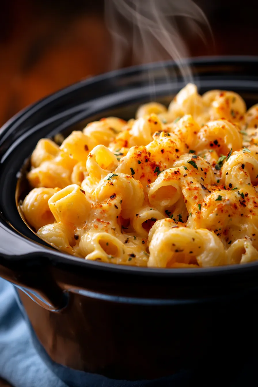 Creamy Crockpot Mac and Cheese That Will Steal the Show, serving, close-up, spoon, gooey, melted cheese, steam, texture