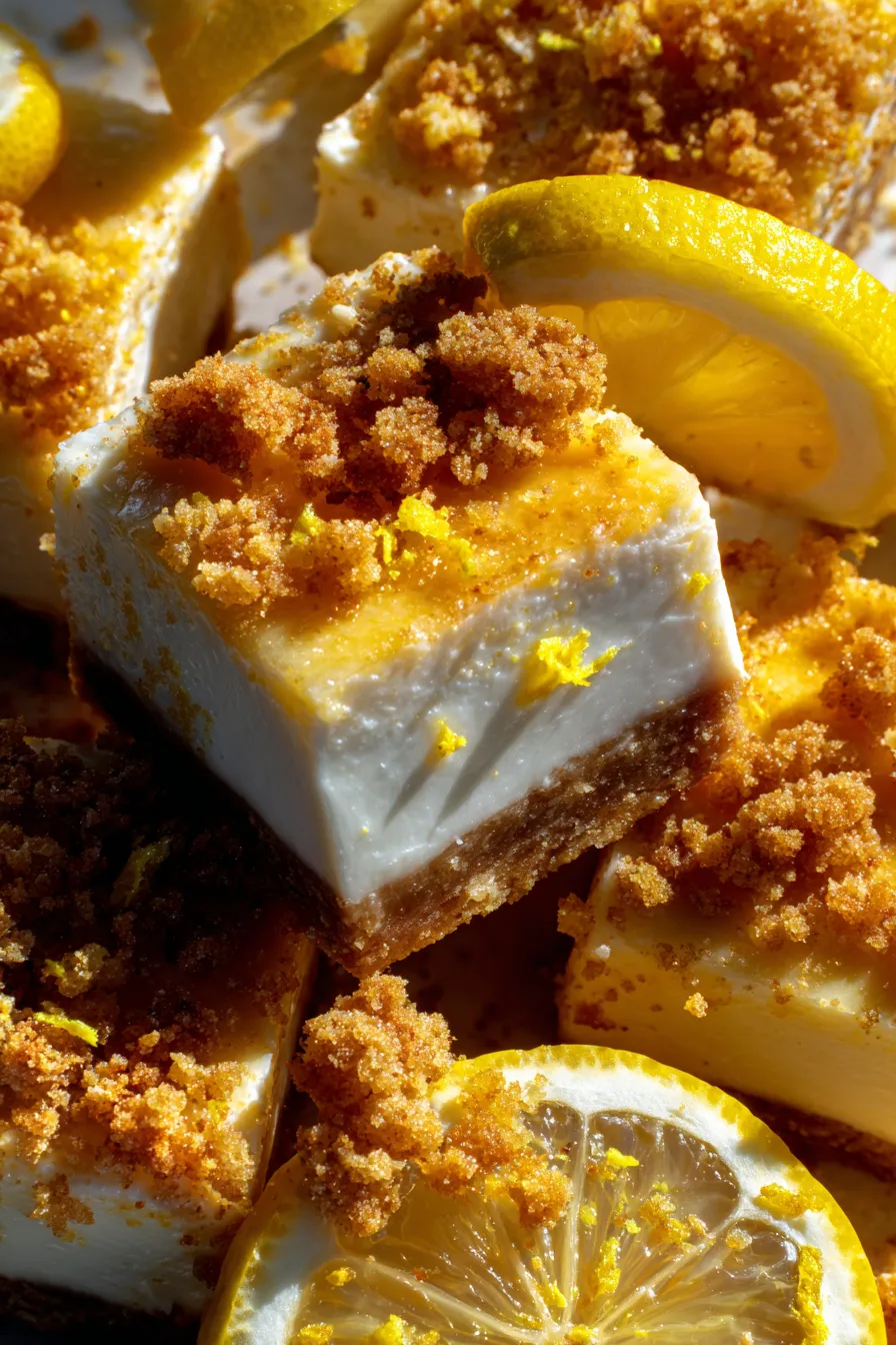Creamy Lemon Cheesecake Crumb Bars - dessert squares on a cooling rack
