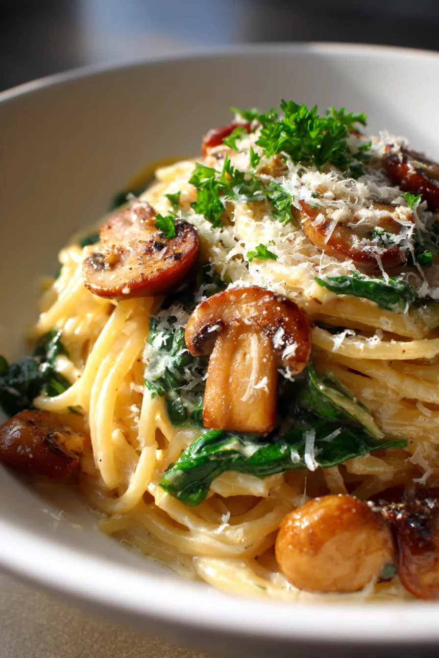 Creamy Parmesan Spinach Mushroom Pasta-ingredients-flatlay
