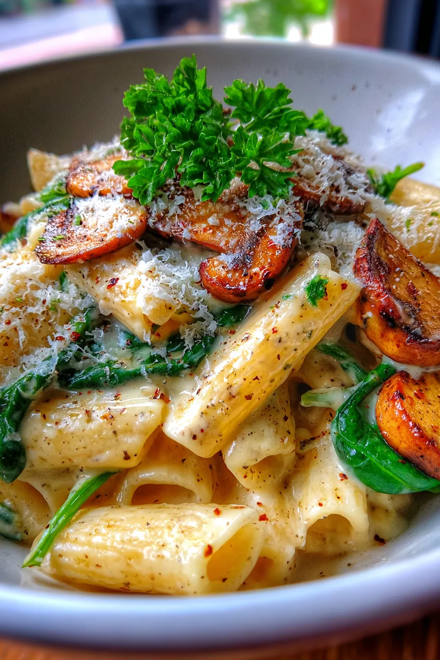 Creamy Parmesan Spinach Mushroom Pasta-serving-bowl