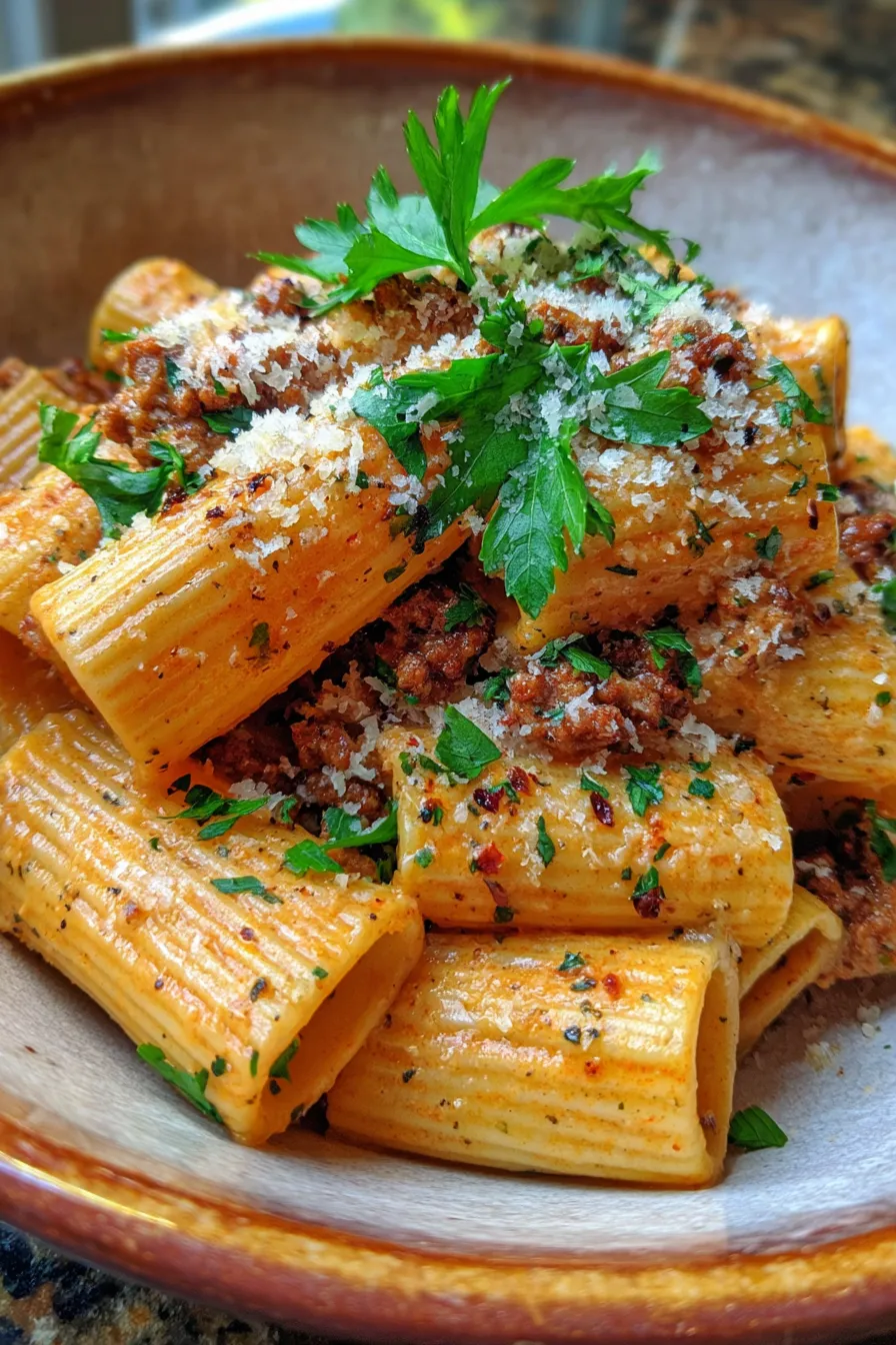 Creamy Sausage Rigatoni Pasta Recipe - close up of rich sauce and texture