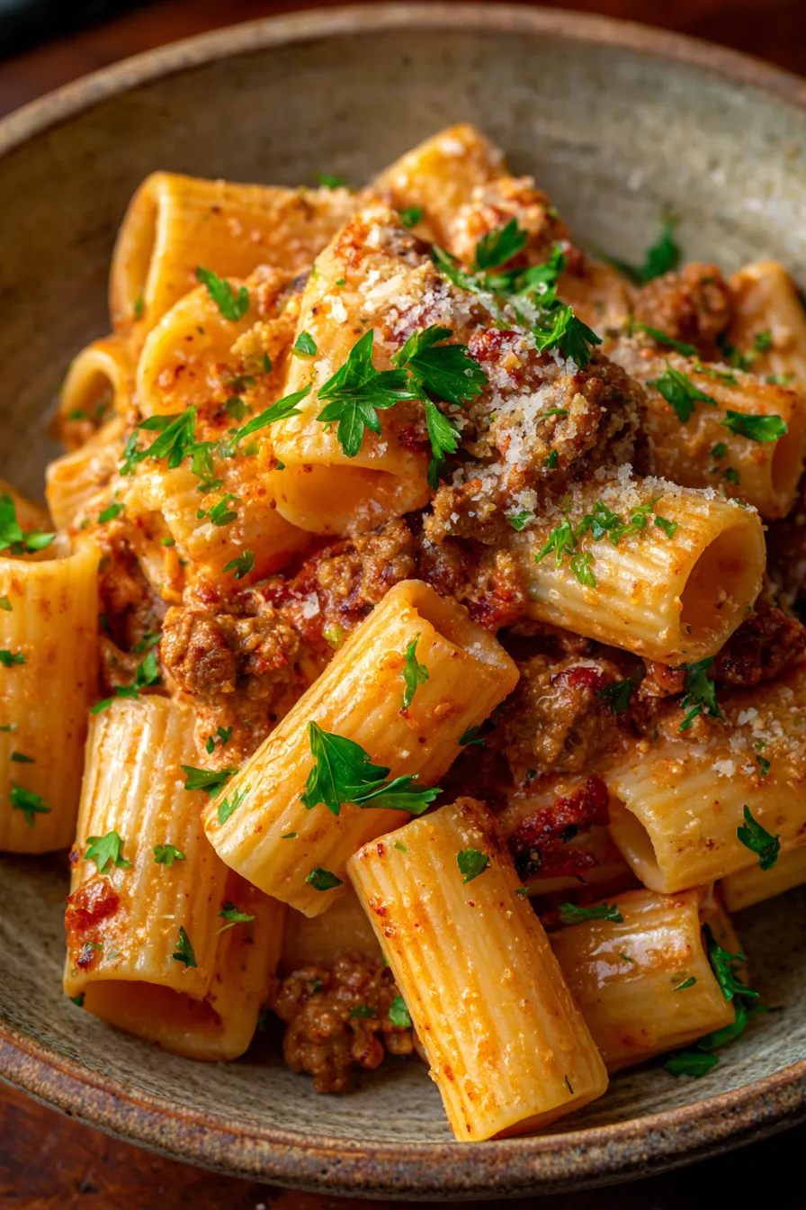 Creamy Sausage Rigatoni Pasta Recipe - ingredients prepped for cooking